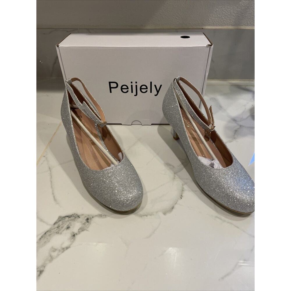 Peijely Women’s silver glitter round Toe 2 inch Heel 8.5